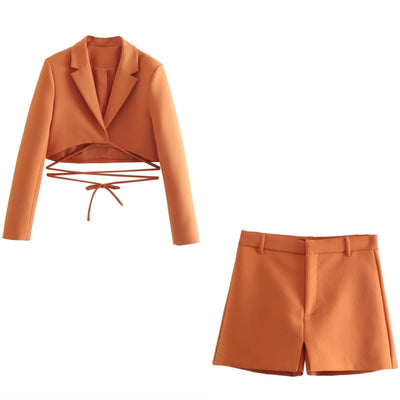Women's Pullover Lapel Long Sleeve Suit Shorts Set
