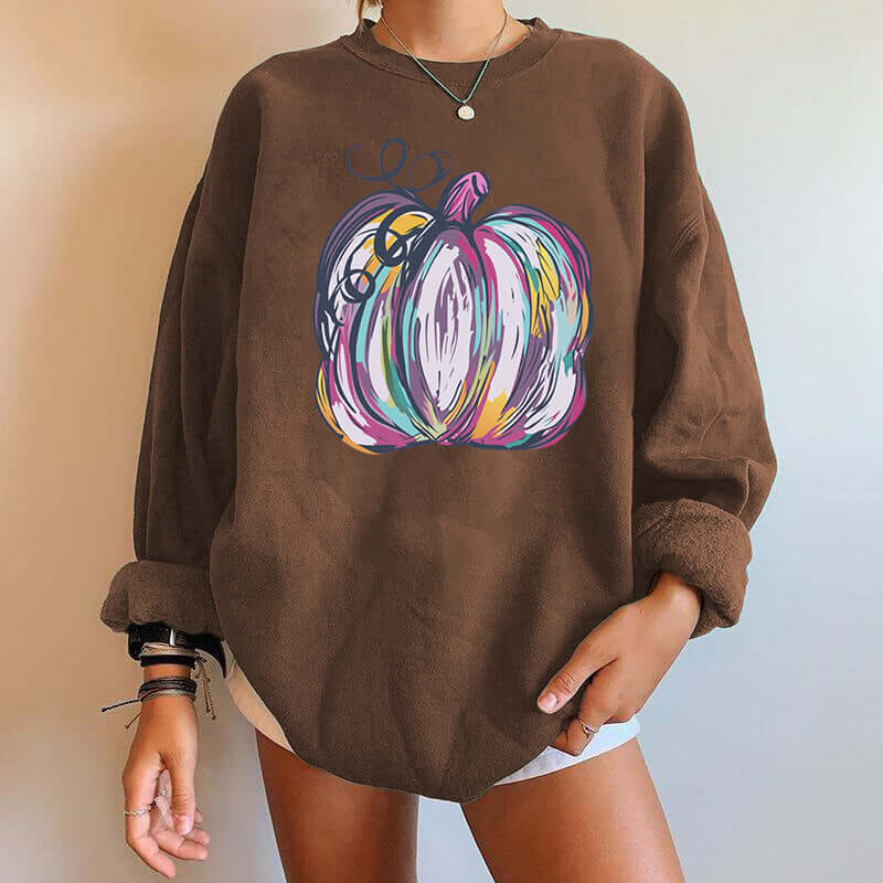 Halloween Pumpkin Letter Print Drop Shoulder Section Fleece Sweatshirt in brown with colorful pumpkin design.