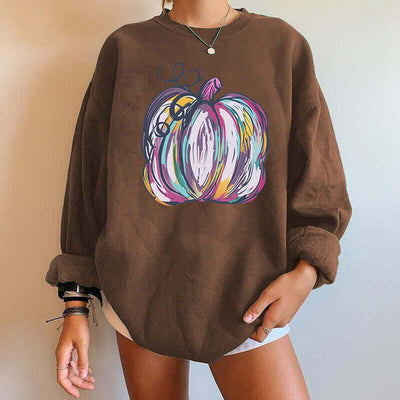 Halloween Pumpkin Letter Print Drop Shoulder Section Fleece Sweatshirt in brown with colorful pumpkin design.