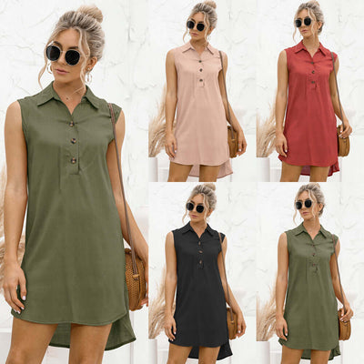 Lapel button slit vest shirt dress available in green, pink, red, black, and olive colors, showcased on a model.