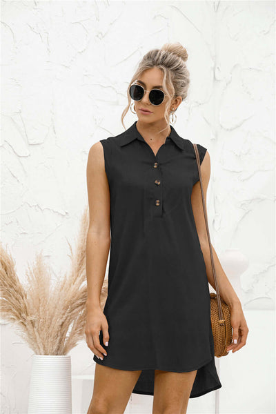 Stylish black lapel button slit vest shirt dress worn by a model, perfect for summer fashion.