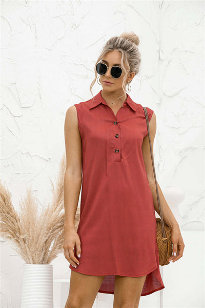 Model wearing a red lapel button slit vest shirt dress with sunglasses, perfect for casual summer outings.