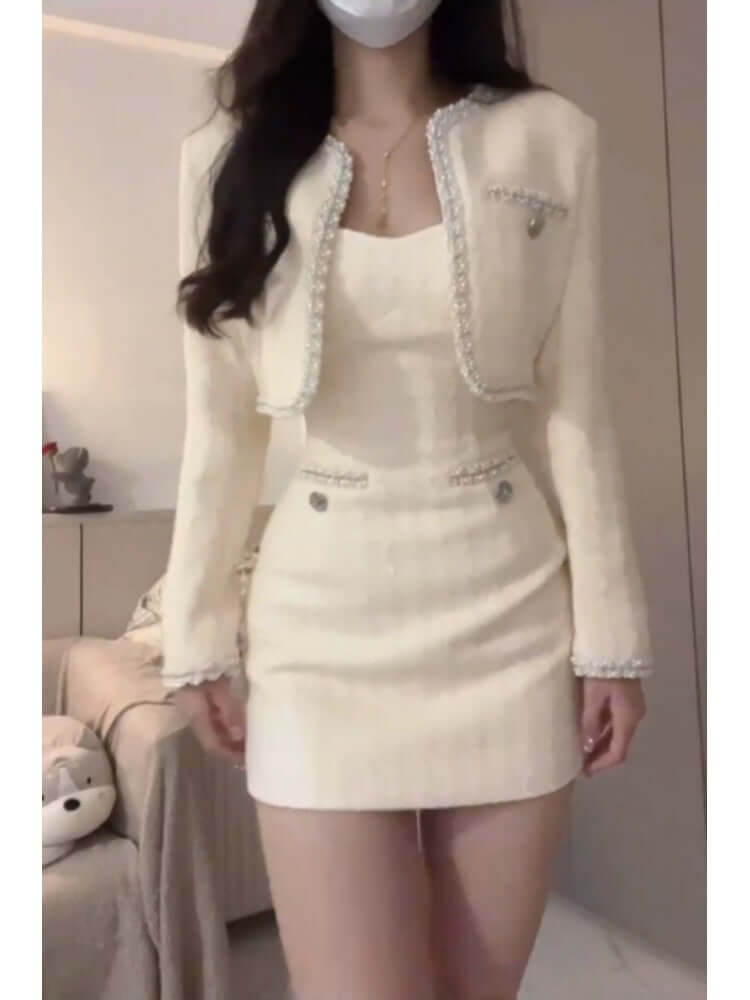 High-end beige diamond inlaid jacket and dress set, featuring a round neck and single-breasted design, perfect for heavy industry style.