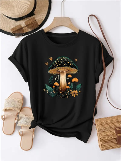 Vibrant Mushroom & Star Print Relaxed Fit Crew Neck Short Sleeves Casual T-Shirt - Soft Comfy Tops For Women's Activewear, Everyday Wear, And Outdoor Adventures - High-Quality Breathable Fabric, Easy