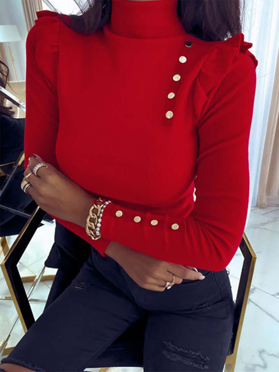 Red high collar button knit top with puff sleeves, perfect for a sexy, slim fit look. Ideal for ages 25-29.