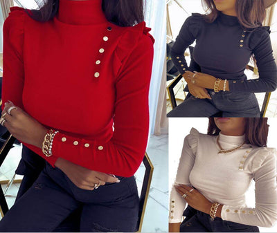 High collar button knit top in red, black, and white, showcasing elegant design with ruffle sleeves and slim fit.