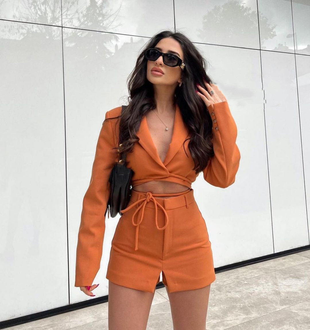 Women's Pullover Lapel Long Sleeve Suit Shorts Set