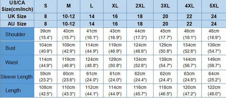 Women's shirt size chart showing measurements for S to 5XL in cm and inches for accurate fitting.
