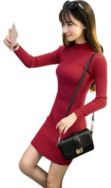 Fashion half high neck red knit dress, medium length A-line skirt, stylish and perfect for commuting.