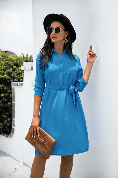 Model wearing a solid color blue button lapel mid-sleeve shirt dress with a belt, sunglasses, and a clutch purse.