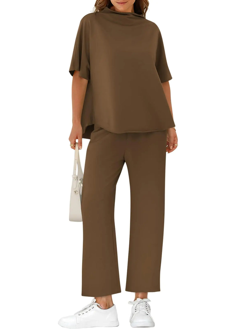 Yousify Lounge Set for Women Travel Outfits Loungewear Set Summer Crew Neck Pullover Tops 3/4 Batwing Sleeve Capelet Casual Two Piece Sets Brown S