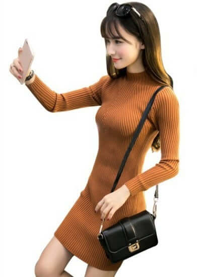 Fashionable half high neck ribbed knit dress in tan with long sleeves, styled with a black handbag.