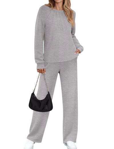 ZESICA Women's Long Sleeve Loungewear Sets with Pockets, Light Grey, XL