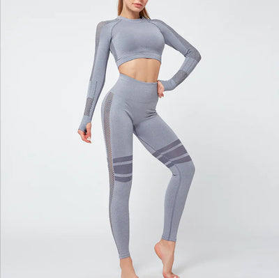 Chic Women's Yoga & Workout - Grey two-piece yoga set for women, featuring stylish mesh details and comfortable fit.
