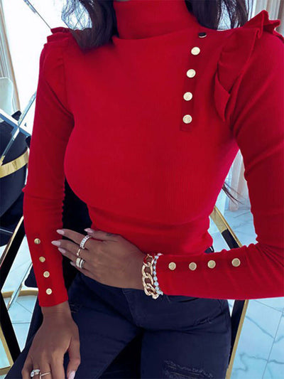 Red high collar button knit top with ruffled shoulders and long sleeves, perfect for a sexy, slim fit style.