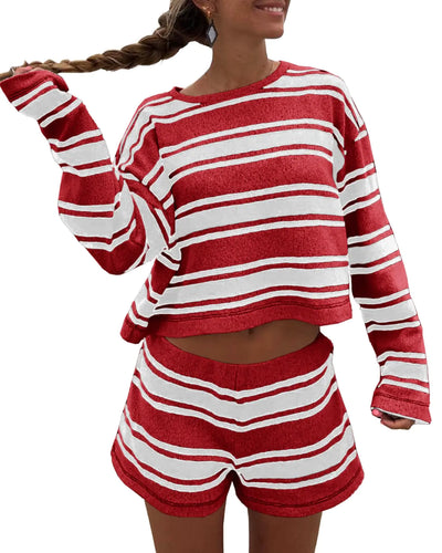 Langwyqu Women's Striped Lounge Set with Crewneck Top and Shorts