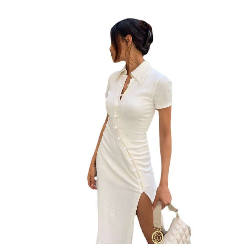 Women's Shirt Collar Button Bevel Slit Dress in white with a stylish slit and button details.