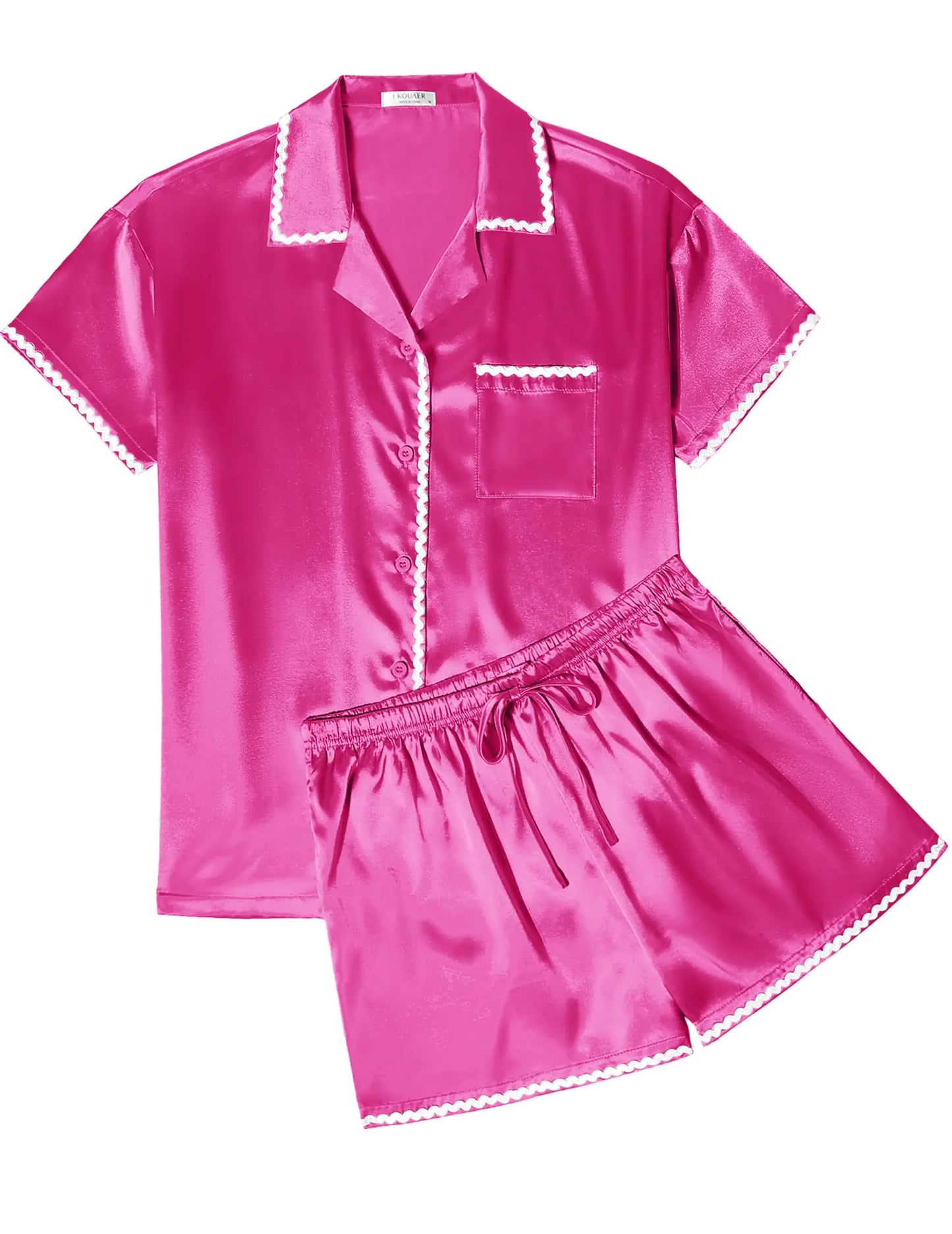 Womens Pajamas Set Silk Shirt and Shorts Button Down  Hot Pink