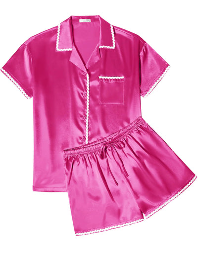 Ekouaer Womens Pajamas Set Silk Shirt and Shorts Button Down Pj Sets Two Piece Satin Lounge Sets with Pockets Hot Pink