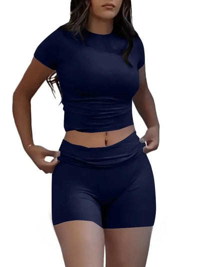 AYWA Women's Summer Slim Two-Piece Top & Shorts Set (Navy XL)
