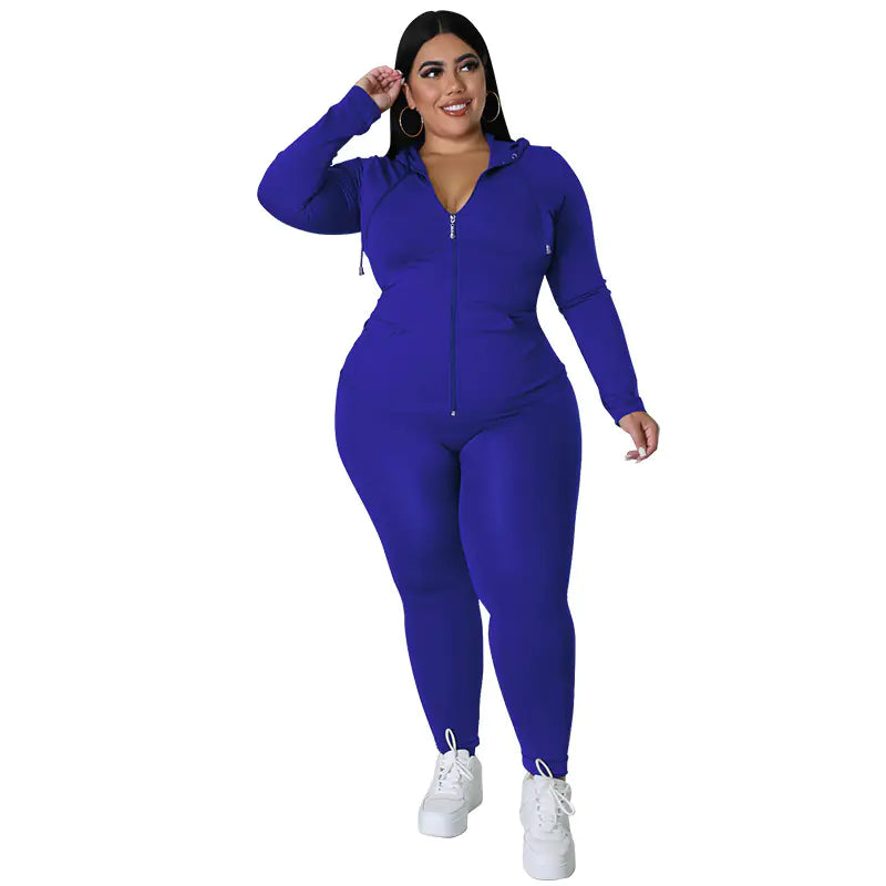 Chic Plus Size Zip Hoodie & Pants Set in vibrant purple, featuring a zip-up design and form-fitting style.