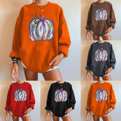 Halloween pumpkin print fleece sweatshirt in orange, brown, dark grey, red, black with drop shoulder design.