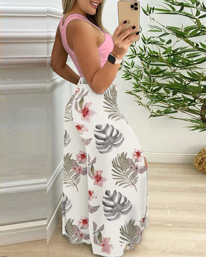 Summer Contrast Slit Wide Leg Pants Set