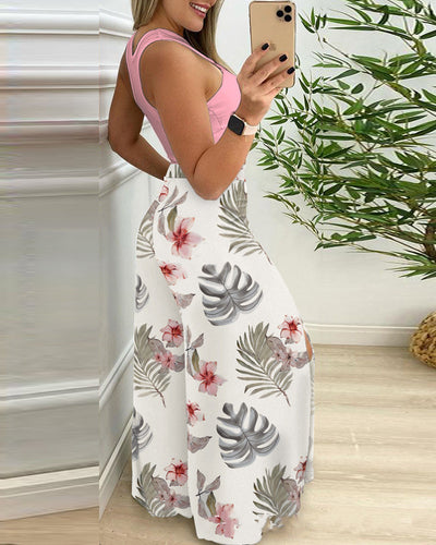 Summer Contrast Slit Wide Leg Pants Set