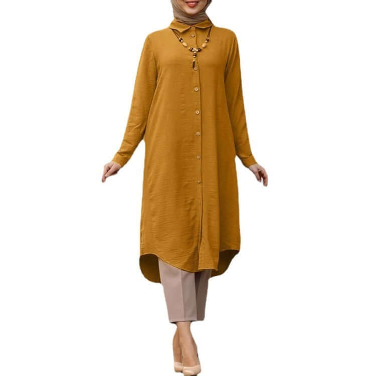Women's mustard lapel button long sleeve casual shirt, lightweight polyester, stylish and comfortable for everyday wear.