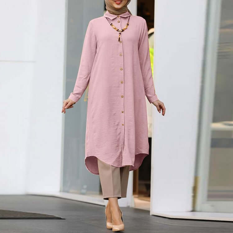 Women's pink lapel button long sleeve shirt, casual style, perfect for everyday wear and various sizes available.