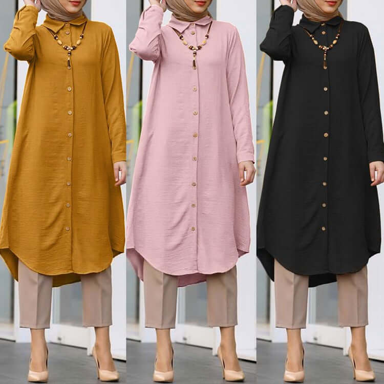 Women's Lapel Casual Button Long Sleeve Shirt available in yellow, pink, and black paired with stylish pants.