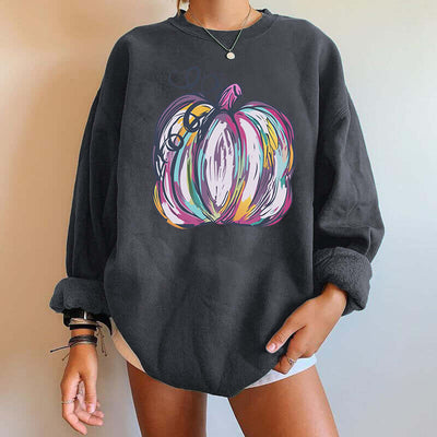 Halloween Pumpkin Letter Print Drop Shoulder Section Fleece Sweatshirt in black with colorful pumpkin graphic.