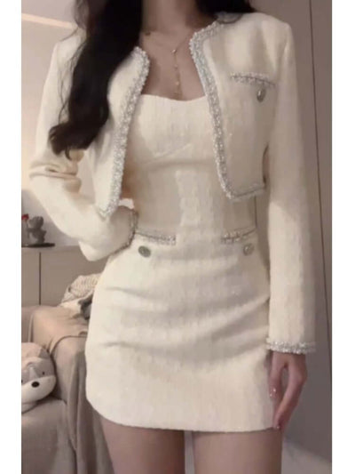 Elegant beige diamond-inlaid high-end dress and jacket set, showcasing a round neck and single-breasted design.