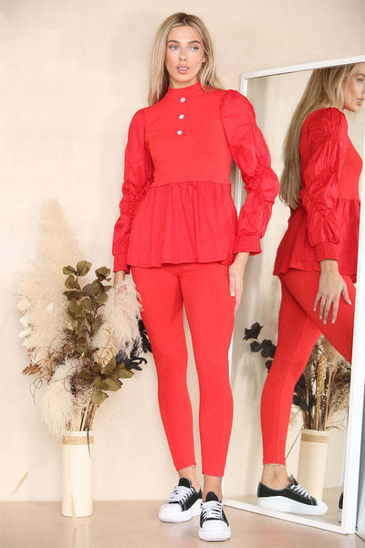 Long Ruched Sleeves Ribbed Peplum Diamond Buttons Frilled Hem Lounge Wear Co-Ord Set