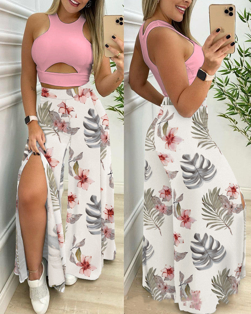 Summer Contrast Slit Wide Leg Pants Set