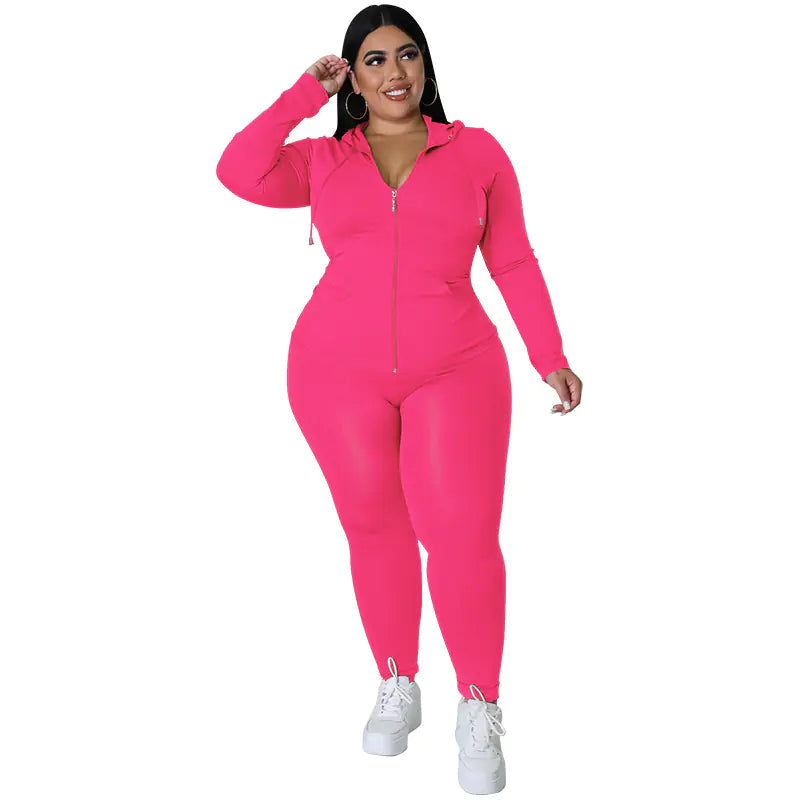 Chic Plus Size Zip Hoodie & Pants Set in vibrant pink color, featuring a zip-up design and comfortable fit.