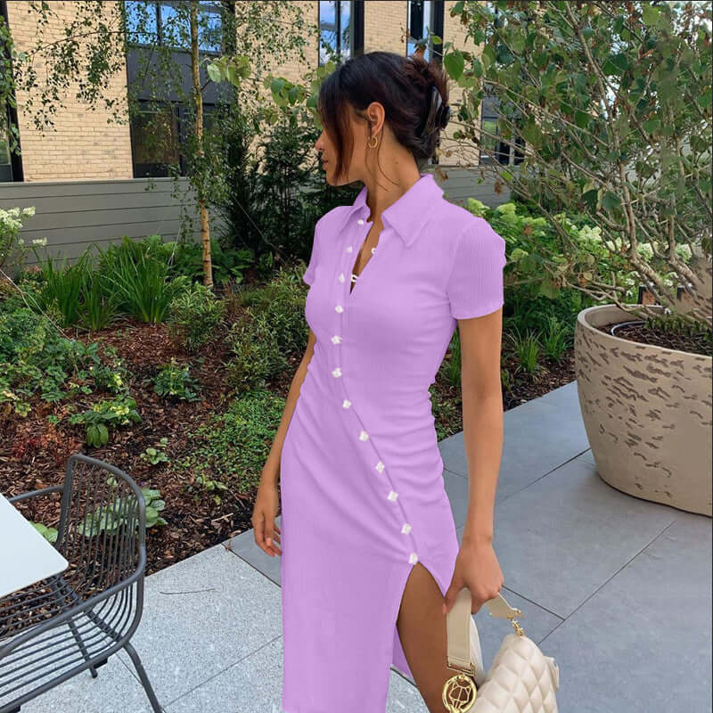 Women's Shirt Collar Button Bevel Slit Dress in lavender color worn outdoors, showcasing the stylish design and button details.