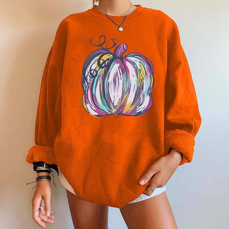 Halloween Pumpkin Letter Print Drop Shoulder Section Fleece Sweatshirt in orange with colorful pumpkin design.