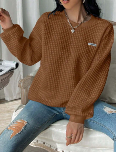Brown drop shoulder sweatshirt with textured fabric, long sleeves, perfect for casual female wear.