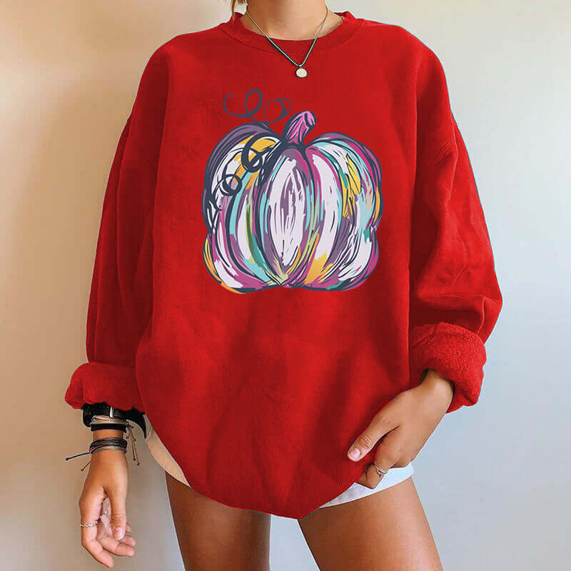Halloween Pumpkin Letter Print Drop Shoulder Section Fleece Sweatshirt in red with colorful pumpkin design
