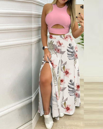 Summer Contrast Slit Wide Leg Pants Set