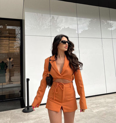 Women's Pullover Lapel Long Sleeve Suit Shorts Set