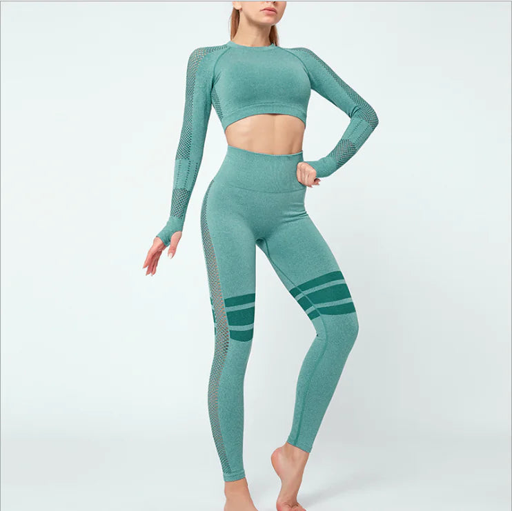 Chic Women's Yoga & Workout featuring a woman in a teal two-piece yoga set with mesh details.