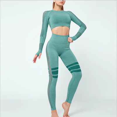 Chic Women's Yoga & Workout featuring a woman in a teal two-piece yoga set with mesh details.