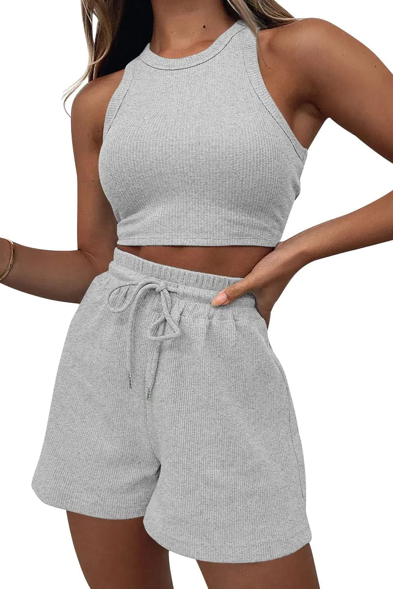AUTOMET Women's 2-Piece Waffle Knit Lounge Set - Light Grey S