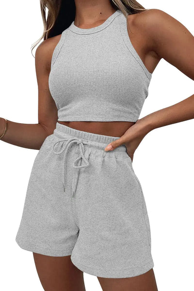AUTOMET Women's 2-Piece Waffle Knit Lounge Set - Light Grey S