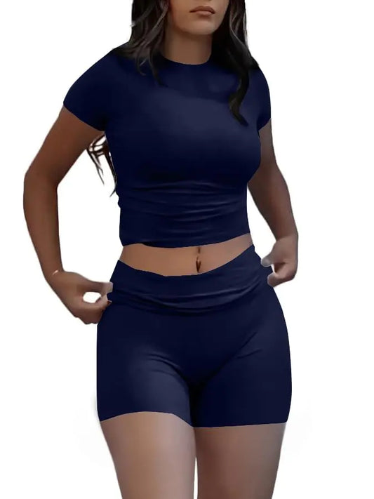 AYWA Women's Summer Slim Two-Piece Top & Shorts Set (Navy XL)