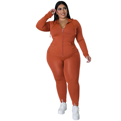 Chic Plus Size Zip Hoodie & Pants Set in orange with a zip-up design, perfect for activewear and casual outings.