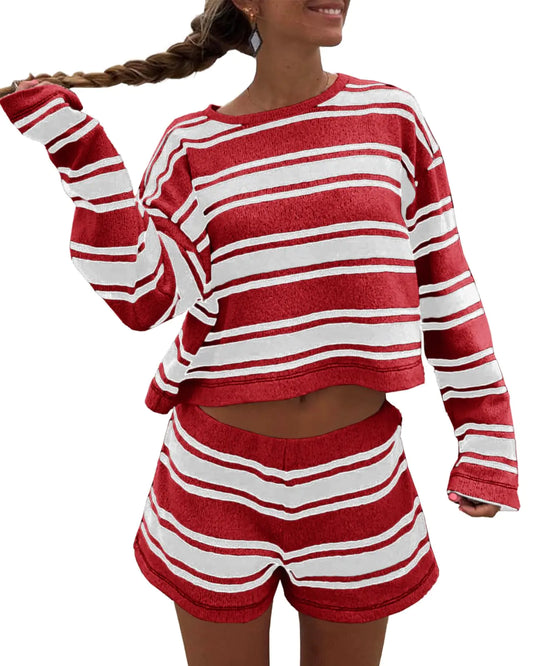 Langwyqu Women's Striped Lounge Set with Crewneck Top and Shorts